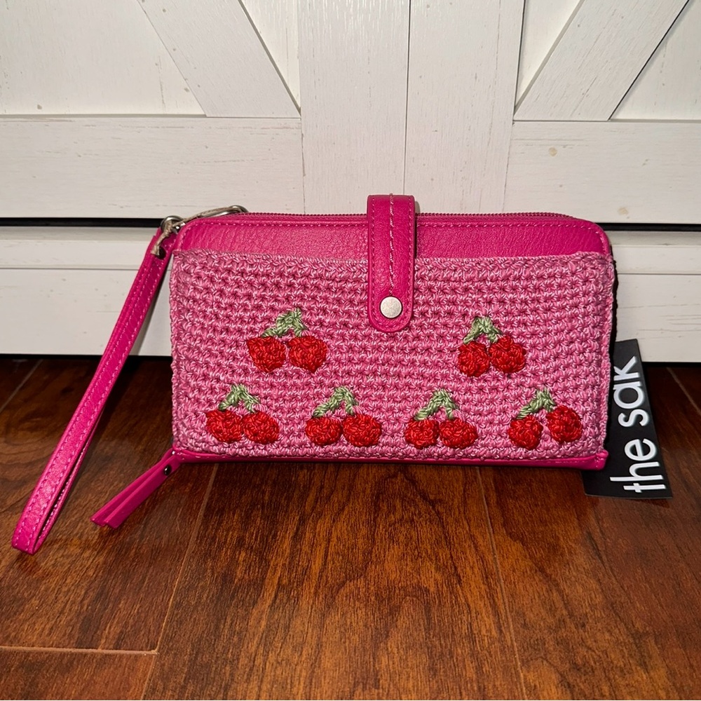The Sak Hot Pink Crochet Cherry Wristlet Wallet